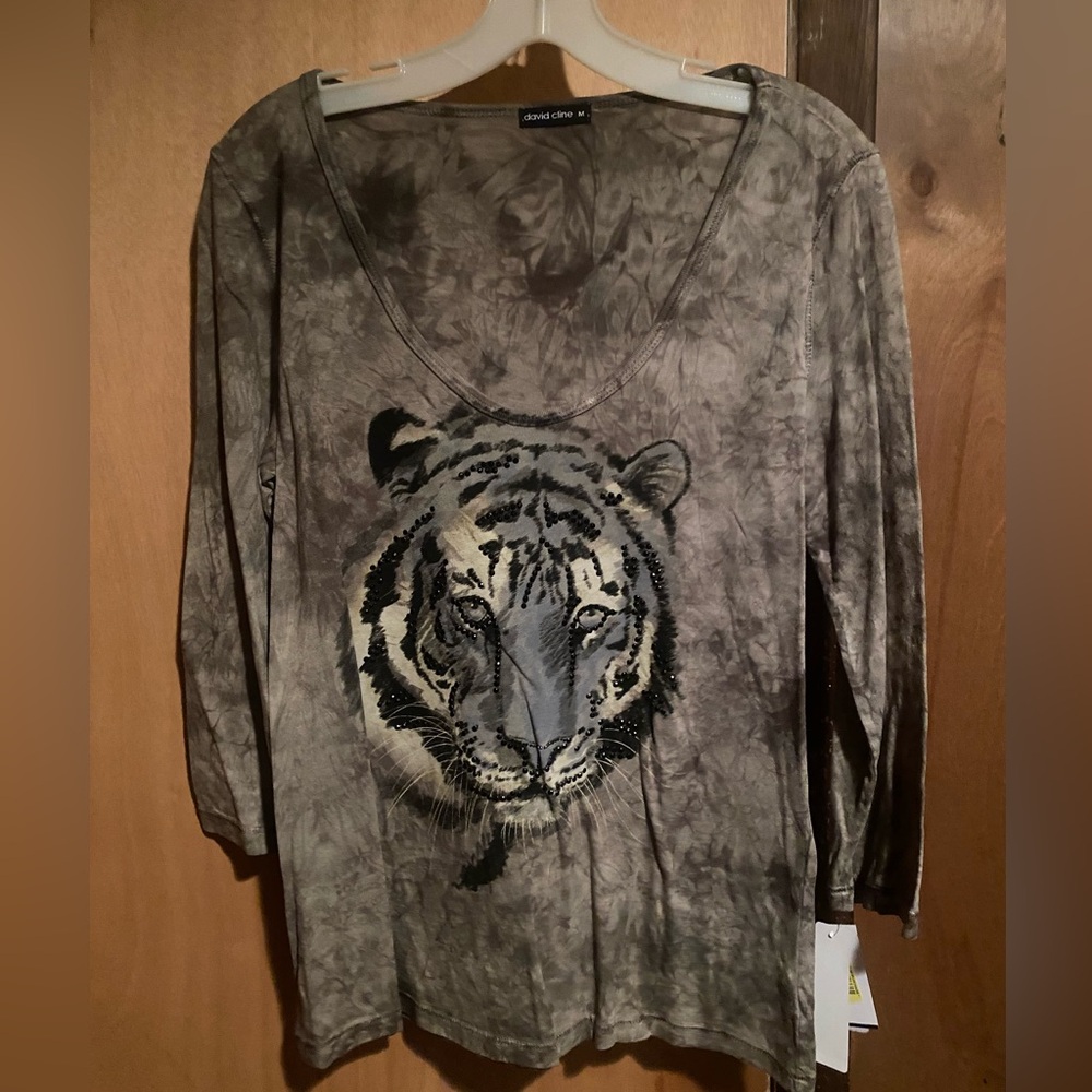 David Cline Beaded Tiger Long Sleeve Top Size M